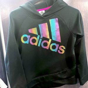 Adidas girls size large hoodie black with muti color logo